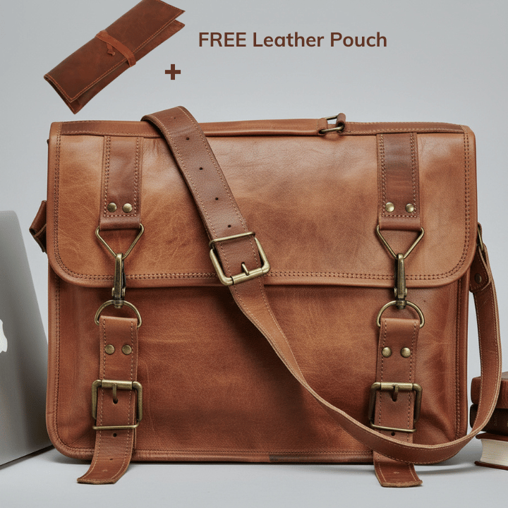 Handmade Leather Clip Satchel Bag + FREE Leather Pouch