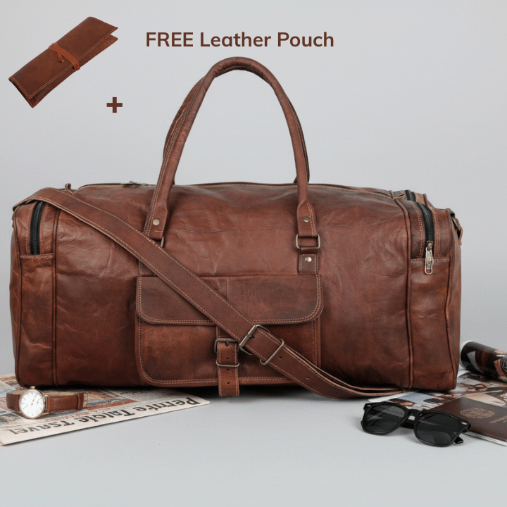 Leather Weekender Travel Duffle Bag + FREE Leather Pouch