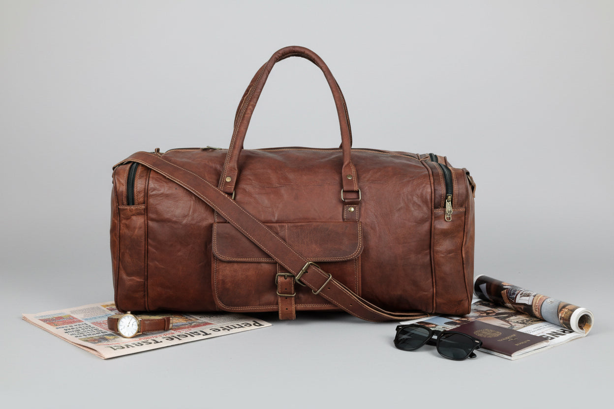 Leather Weekender Travel Duffle Bag + FREE Leather Pouch