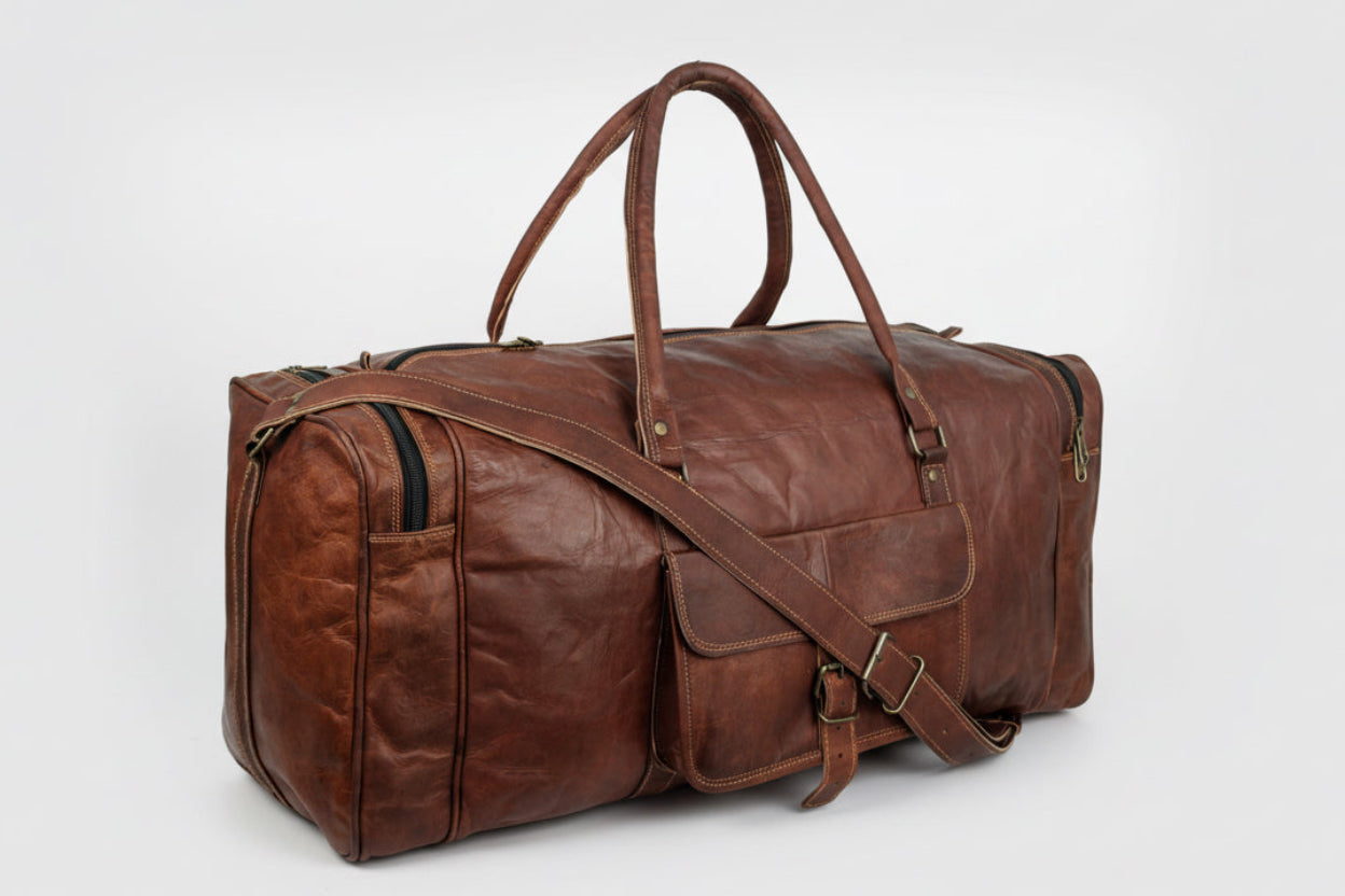 Leather Weekender Travel Duffle Bag + FREE Leather Pouch