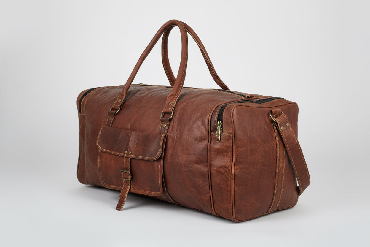 Leather Weekender Travel Duffle Bag + FREE Leather Pouch