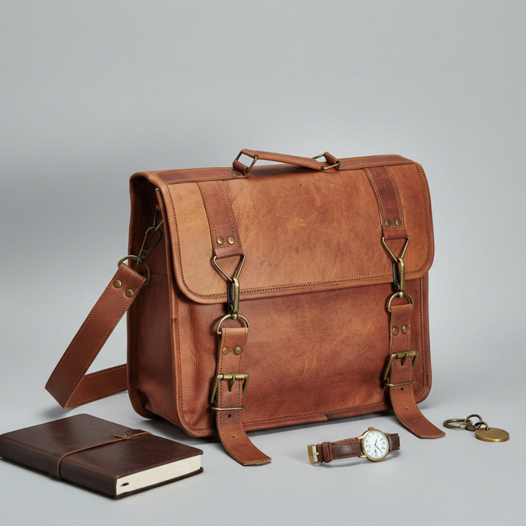 Handmade Leather Clip Satchel Bag + FREE Leather Pouch