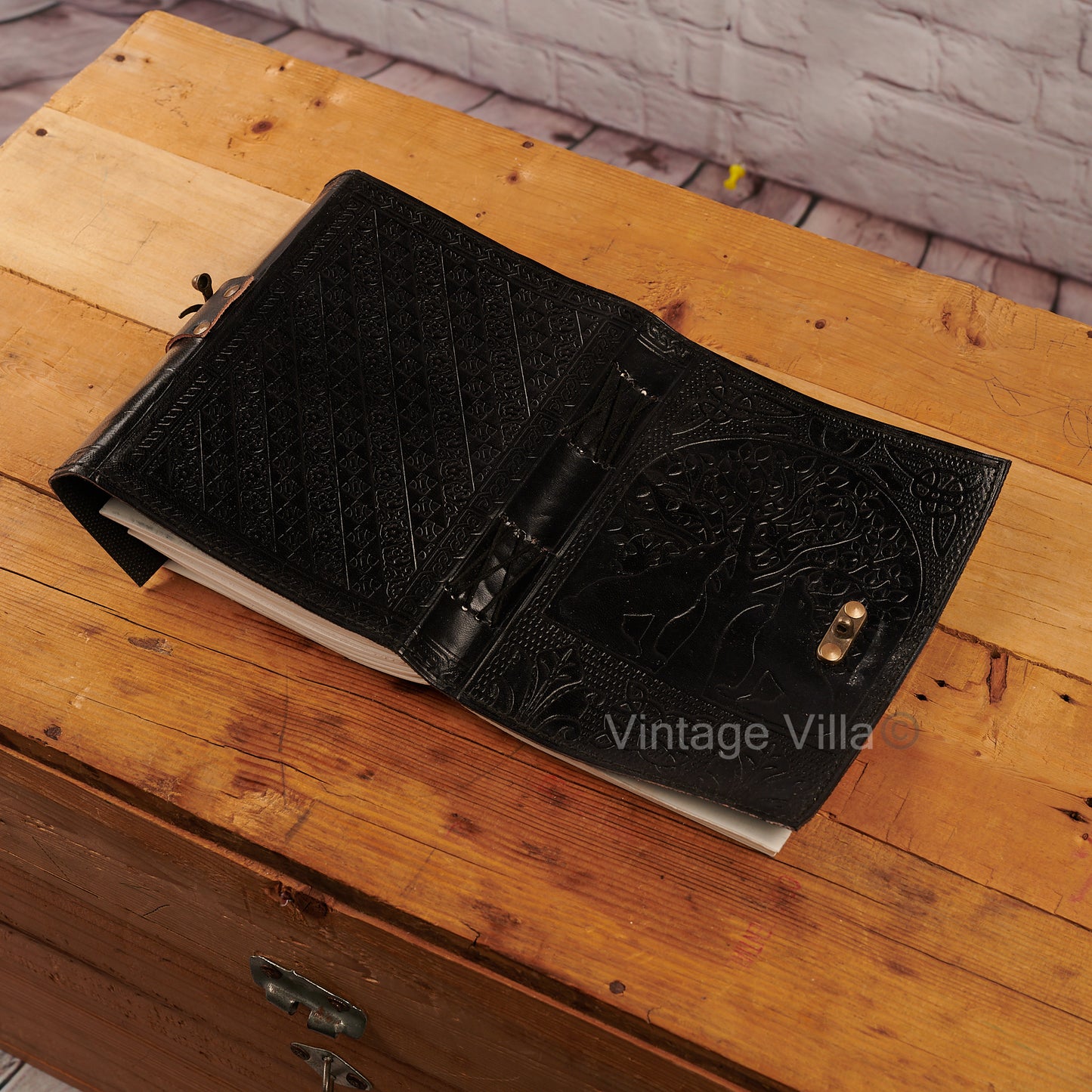 Black wolf leather journal